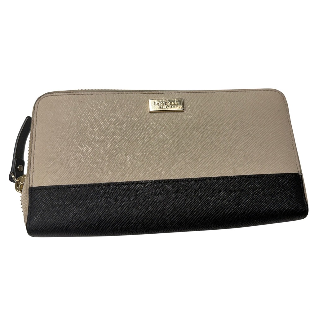 Kate Spade New York Saffiano Leather Zip Around Wallet Black Beige Colorblock